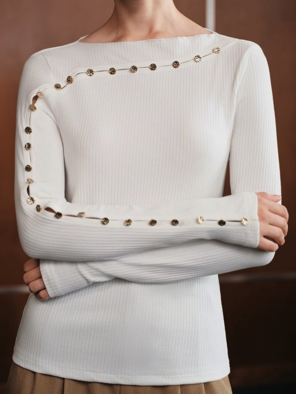 White Casual Women's Rib-Knit Beaded Boat Neck Long Sleeve T-Shirt